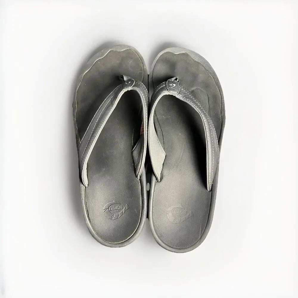 Olukai Silver Pewter‎ Leather Flip Flops Women’s 9 W
